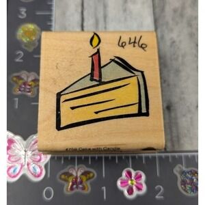 Hampton Art BIrthday Cake Slice Candle Celebration 4759 Rubber Stamp Wood #M22